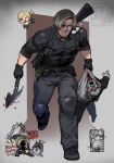  1boy 1girl axe beard_stubble blonde_hair chibi difman explosive facial_hair gloves grenade hatchet_(axe) highres holding holding_axe leon_s._kennedy monster muscular muscular_male red_eyes resident_evil resident_evil_requiem serious sherry_birkin stubble weapon weapon_on_back zombie 
