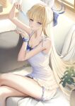  1girl :p absurdres aqua_bow aqua_bowtie arms_up aya_san bare_arms bare_legs bare_shoulders blonde_hair blue_archive blue_bow blue_bowtie blue_eyes blue_hair blue_hairband blue_halo blue_ribbon blunt_bangs blurry blush bonsai bow bowtie bra braid braided_sidelock branch breasts cleavage collarbone couch crossed_legs day door dress flower_pot food frilled_shirt frilled_shorts frills hair_bow hair_ornament hair_ribbon hairband halo hands_up highres holding holding_food holding_popsicle indoors jewelry large_breasts living_room long_hair looking_at_viewer lying medium_breasts multicolored_hair negligee open_mouth pajamas panties parted_lips pillow plant ponytail popsicle ribbon shirt shorts sidelocks sitting sleepwear sleeveless sleeveless_shirt smile solo straight_hair strap_slip streaked_hair thighhighs thighs toki_(blue_archive) tongue tongue_out underwear very_long_hair white_dress white_panties wooden_floor 