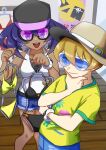  1boy 1girl absurdres baseball_cap blonde_hair blue-tinted_eyewear blue_eyes clothes_hanger dark-skinned_female dark_skin denim denim_shorts dexio_(pokemon) hat highres holding holding_clothes_hanger looking_at_another mega_ring nezuyatai_odai one_eye_closed pokemon pokemon_sm purple-tinted_eyewear purple_hair shirt shorts sina_(pokemon) smile sunglasses swimsuit_hanger tinted_eyewear yellow_shirt 