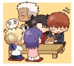  2boys 3girls ^^^ apron archer_(fate) artoria_pendragon_(fate) black_apron black_hair black_socks blonde_hair blue_ribbon blue_shirt blush_stickers border braid brown_hair bun_with_braided_base chibi closed_eyes closed_mouth commentary_request curtained_hair dark-skinned_male dark_skin emiya_shirou fate/stay_night fate_(series) flying_sweatdrops food hair_bun hair_ribbon highres holding holding_mp3_player long_hair matou_sakura mp3_player multiple_boys multiple_girls profile purple_hair red_shirt ribbon seiza shirt short_hair single_hair_bun sitting sitting_on_pillow socks spoken_expression steam table tohsaka_rin tsubuta_hiro white_border white_hair white_socks wooden_table yellow_background 