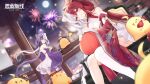  2girls absurdres aerial_fireworks azur_lane bare_shoulders blurry blurry_background chao_ho_(azur_lane) china_dress chinese_clothes chinese_commentary closed_mouth commentary_request cone_hair_bun detached_sleeves double_bun dress fireworks floating_hair grey_hair hair_between_eyes hair_bun highres lantern_festival long_hair long_sleeves looking_at_viewer manjuu_(azur_lane) multicolored_hair multiple_girls official_art parted_lips purple_eyes purple_hair red_hair single_thighhigh sitting smile split-color_hair standing thighhighs two-tone_hair very_long_hair white_thighhighs wide_sleeves ying_swei_(azur_lane) 