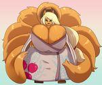  2017 absurd_res alternate_species anthro anthrofied applejack_(mlp) areola big_breasts blonde_hair breasts canine cleavage clothed clothing female freckles friendship_is_magic green_eyes hair hat hi_res huge_breasts hyper hyper_breasts japanese_clothing long_hair looking_at_viewer mammal multi_tail my_little_pony solo somescrub 