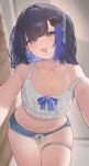  1girl :d bare_arms bare_shoulders black_hair blue_eyes blue_hair blue_ribbon blue_shorts blurry blurry_background blush bow breasts cleavage collarbone colored_inner_hair commission cowboy_shot crop_top dolphin_shorts hair_between_eyes hair_ornament hair_over_shoulder hairclip half-closed_eyes head_tilt highres indie_virtual_youtuber indoors leaning_forward looking_at_viewer medium_hair multicolored_hair nakai_minoru navel off_shoulder open_mouth reaching reaching_towards_viewer ribbon shirt short_shorts shorts simple_background single_off_shoulder skeb_commission sleeveless small_breasts smile solo sorotu standing stomach thigh_strap thighs tongue two-tone_hair two_side_up virtual_youtuber white_ribbon white_shirt 