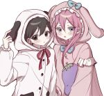  1boy 1girl absurdres aubrey_(faraway)_(omori) aubrey_(omori) black_eyes black_hair blue_eyes blush commentary commentary_request hand_up hashtag-only_commentary highres holding holding_stuffed_toy hood hood_up korean_commentary long_hair long_sleeves looking_at_viewer mixed-language_commentary mr._plantegg_(omori) omori onesie parted_lips pink_hair short_hair sidelocks simple_background stuffed_eggplant stuffed_toy sunny_(omori) teeth upper_teeth_only white_background wktdms1 