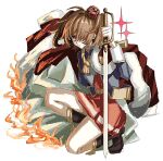  1girl aiguillette aijou_karen arm_at_side arm_up belt belt_buckle black_boots blue_jacket boots brown_eyes brown_hair buckle burning burning_clothes closed_mouth commentary crown epaulettes fire floating_clothes full_body fur-trimmed_jacket fur_trim hair_over_one_eye heel_up highres holding holding_sword holding_weapon invisible_floor jacket jacket_on_shoulders long_sleeves looking_ahead medium_hair mini_crown miniskirt multicolored_jacket nou_325 one_eye_covered planted planted_sword possibility_of_puberty_(sword) red_jacket red_skirt sash serious shoujo_kageki_revue_starlight shoulder_sash simple_background single_horizontal_stripe skirt solo sparkle star_(symbol) striped_clothes striped_skirt sword tassel tilted_headwear two-sided_fabric two-sided_jacket two_side_up untranslatable_commentary v-shaped_eyebrows waist_cape weapon white_background white_sash yellow_belt yellow_trim 