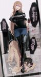  1boy 1girl @_@ absurdres alternate_costume asuna_(sao) bdsm black_boots black_gloves black_hair black_sweater blonde_hair blurry blurry_background blush boots breasts chinese_commentary chinese_text clothed_female_nude_male crossed_arms crossed_legs denim dominatrix elbow_gloves femdom full_body gloves heart high_heel_boots high_heels highres jeans kirito kneeling latex latex_boots latex_gloves leaking leather leather_boots leather_gloves licking_shoe long_hair looking_at_another looking_down masochism nude open_mouth orange_eyes pants parted_lips sadism saliva short_hair sidelocks speech_bubble standing sweater sword_art_online thigh_boots tongue tongue_out voidmaki 