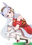  1girl absurdres animal_ears armband blunt_bangs blush boots bow bowtie breasts brown_hat commentary_request dress ear_bow ear_ribbon gloves gold_ship_(red_strife)_(umamusume) gold_ship_(umamusume) grey_hair hat head_rest highres horse_ears horse_girl horse_tail large_breasts long_hair looking_at_viewer momami_mo_ma open_mouth pantyhose pillbox_hat purple_eyes red_bow red_bowtie red_dress sleeveless sleeveless_dress smile solo squatting striped_armband striped_clothes tail umamusume white_boots white_gloves white_pantyhose 
