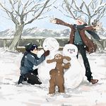  black_hair brown_eyes closed_eyes coat dog eyewear_removed glasses hat katsuki_yuuri kneeling makkachin male_focus mittens mountain multiple_boys open_mouth scarf silver_hair smile snow snowing snowman tree viktor_nikiforov winter you_(gay322k) yuri!!!_on_ice 