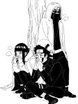  1girl 2boys aburame_shino against_tree blunt_bangs boots breath coat commentary_request covered_mouth covering_own_mouth facial_mark forehead_protector goggles gyogyo_hjj headband highres hood hooded_coat hyuuga_hinata indian_style inuzuka_kiba jacket jacket_on_shoulders konohagakure_symbol korean_commentary multiple_boys naruto_(series) naruto_shippuuden sidelocks sitting sleeves_past_wrists squatting steepled_fingers tree winter_clothes winter_coat 