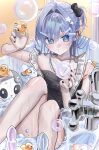  1girl absurdres alternate_costume armpits arms_up bare_arms bare_legs bare_shoulders bath bathtub bird black_bow black_nails black_one-piece_swimsuit blue_eyes blue_hair blush bone_hair_ornament bow breasts bubble collarbone duck feet_out_of_frame frilled_one-piece_swimsuit frilled_straps frills hair_between_eyes hair_bow hair_intakes hair_ornament hair_over_shoulder hairclip highres holding indoors leg_up long_hair looking_at_hand nail_polish one-piece_swimsuit open_mouth parted_lips partially_underwater_shot qianjian ribbon rubber_duck short_side_ponytail side_ponytail skull sleeveless soap_bubbles solo star_(symbol) star_hair_ornament strap_slip swimsuit tongue virtual_youtuber vspo! water yano_kuromu 