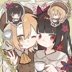  2girls artist_request ascot black_hair blonde_hair blunt_bangs brown_hair brown_hat brown_vest cheek-to-cheek chibi chibi_inset closed_mouth collared_shirt commentary_request commission cup flower hair_flower hair_ornament hand_up hasumi_leia hat heads_together holding holding_cup long_hair long_sleeves looking_at_viewer mahou_shoujo_no_majo_saiban multiple_girls nikaido_hiro official_alternate_costume one_eye_closed red_eyes red_flower second-party_source shirt short_hair smile treasure_cafe vest white_shirt yellow_ascot 