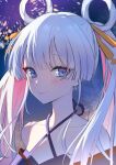  1girl aerial_fireworks bare_shoulders blue_background blue_eyes blueiseul blunt_bangs cho_kaguya-hime! closed_mouth commentary_request fireworks hair_ornament hair_rings hair_stick highres japanese_clothes long_hair looking_at_viewer night runami_yachiyo sky smile solo twintails upper_body white_hair 