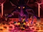 2021 3_claws alien armor atmac claws crouching detailed_background digital_drawing_(artwork) digital_media_(artwork) duo female finger_claws hi_res human lava mammal metroid metroid_(species) nintendo purple_body purple_scales ridley samus_aran scales scalie space_dragon_(metroid) yellow_eyes