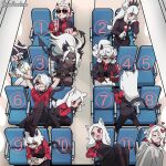  airplane_interior airplane_tray_table angel animal_ear_fluff animal_ears arm_behind_head azazel_(helltaker) black_bra black_choker black_gloves black_hair black_horns black_necktie black_pants black_suit black_tail black_tiara blue_eyes blush book bra breasts cat_ears cat_girl cerberus_(helltaker) champagne_flute choker cleavage clenched_teeth closed_eyes closed_mouth commentary crossed_legs cup dark-skinned_female dark_skin demon_girl demon_horns demon_tail disposable_cup dress drinking_glass face_piercing fang feet_out_of_frame fingerless_gloves food from_above from_behind frown full_body glasses gloves halo hand_on_own_chin handheld_game_console heart helltaker high_collar highres holding holding_book holding_cup holding_handheld_game_console holding_notebook holding_pen horns judgement_(helltaker) justice_(helltaker) knees_up leaning_back leaning_to_the_side leg_on_another's_head leg_up lip_piercing long_hair long_sleeves looking_at_another looking_at_viewer looking_outside looking_up lucifer_(helltaker) malina_(helltaker) medium_breasts medium_hair modeus_(helltaker) necktie noah_(tettsui-sole) notebook numbered open_mouth pandemonica_(helltaker) pants paper pen piercing ponytail popcorn red_eyes red_gloves red_shirt red_sleeves red_suit seatbelt shirt short_hair short_sleeves sidelocks sitting sleeping small_breasts smug suit sunglasses tail teeth tiara tie_clip tray twitter_username under_covers underwear untranslatable_commentary white_dress white_eyes white_gloves white_hair white_horns writing zdrada_(helltaker) 