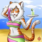  anthro beach beverage braided_hair breasts clothing feline female food fruit hair hand_behind_head lime looking_at_viewer mammal mane one_eye_closed open_mouth outside platter seaside smile solo standing thundragon tiger water 