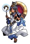  1girl ancient_egyptian_clothes aqua_eyes armlet blue_hair blue_nails breasts circlet closed_mouth dark-skinned_female dark_skin dress earrings energy_ring gold_sandals hair_ornament harakawa_mitsuhiro holding holding_staff jewelry light_smile long_hair nail_polish nephtys_(shinrabanshou) official_art sandals shinrabanshou sideboob sleeveless sleeveless_dress solo staff third-party_source transparent_background usekh_collar white_dress 