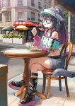  1girl :d absurdres ambience_synesthesia animal_ears arknights bare_shoulders black_choker black_shoes black_socks blue_shorts breasts cake cat-shaped_eyewear cat_ears cat_girl cat_tail chair choker commentary crossed_legs eating food fork full_body glass green_eyes highres holding holding_fork jessica_(arknights) jessica_the_liberated_(arknights) long_hair long_sleeves looking_at_viewer loose_socks medium_breasts multicolored_hair off_shoulder official_alternate_costume open_mouth outdoors plate platform_shoes ponytail purple_hair shoes short_shorts shorts sitting smile socks solo table tail tail_belt two-tone_hair visor_cap welt_(kinsei_koutenkyoku) 
