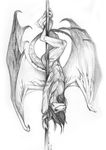  anthro dancing dragon hair looking_at_viewer male monochrome nude pole pole_dancing smile solo thecrazydragon upside_down wings 