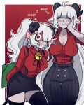  1girl 2girls absurdres bad_id bad_twitter_id baphomet_(grizz) breasts cleavage collared_shirt demon_girl demon_horns goat_girl helltaker highres horns large_breasts long_hair looking_at_viewer multiple_girls original osu_(osulan) osulan sheep_girl shirt very_long_hair white_hair 
