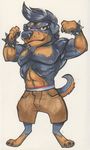  anthro canine clothed clothing dog flexing looking_at_viewer male mammal muscular rottweiler smile solo standing thecrazydragon topless traditional_media_(artwork) 