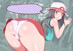  ass bent_over blue_(pokemon) blue_shirt blush breasts brown_hair grey_eyes hat large_breasts long_hair looking_at_viewer panties pokemon pokemon_(game) pokemon_frlg print_hat red_skirt roro shirt skirt sleeveless sleeveless_shirt solo underwear white_hat white_panties 