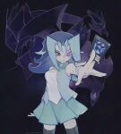  1girl between_fingers black_background blue_hair blue_skirt card card_between_fingers colored_bangs different_zoom_layer duel_disk duel_monster facing_to_the_side highres holding holding_card ice_beast_zerofyne kamishiro_rio looking_ahead nuumigranate outline outstretched_arm parted_bangs pleated_skirt purple-tinted_eyewear red_eyes school_uniform scouter shirt skirt smile tinted_eyewear turning_head white_outline white_shirt yu-gi-oh! yu-gi-oh!_zexal 