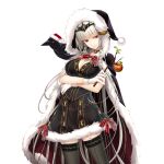  1girl apple bird black_choker black_cloak black_dress black_thighhighs blunt_bangs branch breasts choker cleavage cloak crow dress food forehead_protector fruit fur-trimmed_cloak fur-trimmed_dress fur_trim garter_straps giuniu gloves grey_hair half-closed_eyes hat holding holding_branch hood hooded_cloak large_breasts long_hair morrigan_rufei neck_ribbon red_eyes red_ribbon ribbon santa_hat striped_ribbon thighhighs uchi_no_hime-sama_ga_ichiban_kawaii white_garter_straps white_gloves 