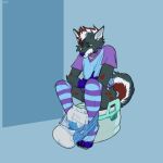 1:1 4_toes anthro blue_clothing blue_footwear blue_shirt blue_socks blue_topwear canid canine canis clean_diaper clothing collar diaper digitigrade feet footwear fur green_eyes grey_body grey_fur hair hi_res lyonel_(lyonelhy) male mammal potty purple_clothing purple_collar purple_footwear purple_shirt purple_socks purple_topwear raised_tail red_body red_fur red_hair red_spots shirt simple_background sitting socks solo spots stinkybuns tail toes topwear white_body white_diaper white_fur white_hair wolf
