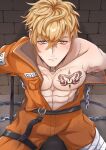  1boy :/ abs absurdres arms_behind_back bags_under_eyes bandaged_leg bandages bare_pectorals belt black_belt black_choker blonde_hair chain chest_tattoo choker collarbone collared_jacket embarrassed from_above hair_between_eyes highres jacket jumpsuit kneeling large_pectorals looking_at_viewer looking_up male_focus muscular muscular_male navel nervous_sweating nipples nu_carnival official_alternate_costume official_alternate_hairstyle open_clothes open_jacket orange_eyes orange_jacket orange_jumpsuit orange_pants pants pectorals prison_clothes quincy_(nu_carnival) quincy_(shackled_thug)_(nu_carnival) scar scar_on_chest short_hair shy solo subaru_8y sweat tattoo thigh_strap topper_(nu_carnival) undercut zipper 