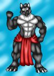  abs canine clothing glowing glowing_eyes gol loincloth looking_at_viewer male mammal muscular pecs smile smirk wolf 