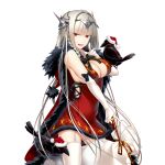  1girl bare_shoulders bird blunt_bangs breasts cleavage cloak crow dress elbow_gloves forehead_protector fur-trimmed_cloak fur-trimmed_dress fur_trim garter_straps giuniu gloves grey_hair half-closed_eyes hat holding holding_sack large_breasts long_hair morrigan_rufei neck_ribbon red_cloak red_dress red_eyes ribbon sack santa_hat striped_ribbon thighhighs uchi_no_hime-sama_ga_ichiban_kawaii white_garter_straps white_gloves white_thighhighs 