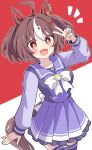  1girl ahoge animal_ears blush bow bowtie breasts brown_eyes brown_hair collarbone commentary_request gran_alegria_(umamusume) hair_between_eyes hair_ornament highres horse_ears horse_girl horse_tail looking_at_viewer multicolored_hair open_mouth pleated_skirt purple_sailor_collar purple_serafuku purple_shirt purple_skirt purple_thighhighs sailor_collar sailor_shirt school_uniform serafuku shirt simple_background skirt smile solo streaked_hair tail thighhighs toushirou_(sugarwhite1046) tracen_school_uniform umamusume v white_bow white_bowtie white_streaks x_hair_ornament zettai_ryouiki 