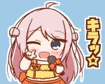  1girl ;d \m/ ahoge blue_background blue_eyes bow chibi chibi_only commentary_request frilled_shirt frills highres holding holding_microphone looking_at_viewer love_live! love_live!_nijigasaki_high_school_idol_club microphone midriff navel one_eye_closed open_mouth orange_bow orange_skirt outline p-man_(p_man_wktk) pink_hair pleated_skirt shirt sidelocks simple_background skirt sleeveless sleeveless_shirt smile solo two_side_up white_outline yellow_shirt zhong_lanzhu 