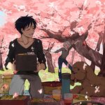  basket black_hair blue_eyes cherry_blossoms closed_eyes cup dog drink drinking_glass drooling food hair_over_one_eye katsuki_yuuri kneeling makkachin male_focus multiple_boys obentou open_mouth petals picnic silver_hair smile spring_(season) thermos tongue tongue_out tree viktor_nikiforov you_(gay322k) yuri!!!_on_ice 