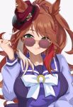  1girl animal_ears bow bowtie braid breasts brown_hair choker closed_mouth collarbone commentary_request ears_through_headwear ekazawa_sdvx forever_young_(umamusume) green_eyes hat highres horse_ears horse_girl large_breasts long_hair long_sleeves looking_at_viewer looking_over_eyewear multicolored_hair ponytail purple_sailor_collar purple_shirt sailor_collar sailor_shirt school_uniform shirt simple_background smile solo streaked_hair sunglasses tinted_eyewear tongue tongue_out tracen_school_uniform umamusume upper_body white_background white_bow white_bowtie 