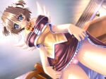  1girl 2000s_(style) blue_eyes blush bob_cut bow bowtie breasts brown_hair brown_skirt cameltoe ceiling censored chair closed_mouth clothes_lift collared_shirt cowboy_shot dutch_angle embarrassed from_below game_cg hair_between_eyes indoors kanojo_(private_room_2) large_breasts mosaic_censoring ogura_hiroko panties pink_panties private_room_2 raised_inner_eyebrows shirt skirt skirt_lift sleeveless sleeveless_shirt solo standing table third-party_source two_side_up underwear wooden_chair wooden_table yellow_bow 