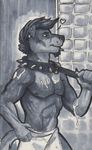  &lt;3 anthro canine collar dog inside leash male mammal nipple_piercing nipples piercing rottweiler scar shower smile solo spiked_collar spikes standing thecrazydragon towel wet 