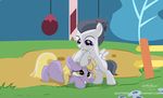 2017 black_hair blonde_hair blush dinky_hooves_(mlp) duo equine feathered_wings feathers female feral friendship_is_magic grass hair hi_res horn male mammal my_little_pony outside pegasus purple_eyes rumble_(mlp) shutterflyeqd smile tree unicorn wings young 