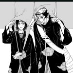  2boys akatsuki_uniform clenched_teeth coat commentary_request curtains facial_mark fishnets forehead_protector gyogyo_hjj headband headgear height_difference hoshigaki_kisame hunched_over korean_commentary male_focus multiple_boys naruto_(series) naruto_shippuuden sharp_teeth teeth uchiha_itachi weapon weapon_on_back 