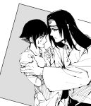  1boy 1girl commentary_request cousins forehead_protector greyscale gyogyo_hjj hand_on_another's_shoulder headband highres hyuuga_hinata hyuuga_neji konohagakure_symbol korean_commentary long_hair monochrome naruto_(classic) naruto_(series) naruto_shippuuden short_hair sweatdrop time_paradox 