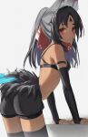  1girl absurdres alternate_costume animal_ear_fluff animal_ears ass barcode barcode_tattoo bare_shoulders black_hair black_shirt black_shorts black_thighhighs breasts cable cable_tail cat_ears cat_girl cat_tail cleavage commentary_request cowboy_shot crop_top facial_mark forehead_mark forehead_tattoo from_side grey_background hashtag-only_commentary highres leaning_on_object mechanical_tail multiple_tails nekomiya_mana parted_lips partial_commentary red_eyes shirt shorts simple_background small_breasts solo tail tattoo thighhighs thomas_8000 triangle triangle_facial_mark two_tails zenless_zone_zero 