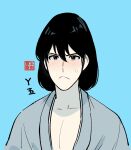  1boy black_eyes black_hair blue_background blush closed_mouth commentary_request grey_kimono hair_between_eyes highres ishikawa_goemon_xiii japanese_clothes kimono looking_at_viewer lupin_iii male_focus mohimohinosiri pectoral_cleavage pectorals portrait simple_background solo sweatdrop translation_request 