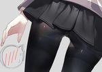  arm_at_side ass ass_focus black_legwear black_skirt close-up commentary_request dutch_angle fate/grand_order fate_(series) from_behind grey_background grey_jacket jacket long_sleeves lower_body mash_kyrielight miniskirt pantyhose pleated_skirt shiny shiny_clothes simple_background skirt solo speech_bubble spoken_blush sweatdrop thighband_pantyhose thighs tsukimoto_aoi 