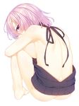  ass back backless_dress backless_outfit bare_back bare_shoulders barefoot blush breasts butt_crack commentary dress embarrassed fate/grand_order fate_(series) from_behind full_body halterneck large_breasts looking_at_viewer looking_back mash_kyrielight meme_attire naked_sweater no_bra no_panties purple_eyes purple_hair racer_(magnet) ribbed_sweater short_hair sideboob simple_background sleeveless sleeveless_turtleneck solo sweater sweater_dress turtleneck turtleneck_sweater virgin_killer_sweater white_background 