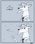  anthro cervine clothed clothing comic deer dialogue disney hat hi_res horn male mammal mistermead monochrome party solo sound_effects text zootopia 