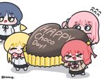  >_< 4girls :d ahoge black_skirt blonde_hair blue_eyes blue_hair bocchi_the_rock! bow bowtie brown_shirt candy chibi chibi_only chocolate closed_eyes closed_mouth commentary detached_ahoge drooling english_commentary flying_sweatdrops food gotoh_hitori green_eyes heart heart-shaped_chocolate heart-shaped_food highres ijichi_nijika kessoku_band kita_ikuyo long_hair lulalang mole mole_under_eye multiple_girls one_side_up open_mouth oversized_food oversized_object pink_hair polka_dot polka_dot_bow polka_dot_bowtie red_bow red_bowtie red_hair school_uniform shimokitazawa_high_school_uniform shirt short_hair shuka_high_school_uniform simple_background skirt smile twitter_username valentine white_background white_shirt yamada_ryo 