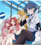  4girls absurdres ahoge black_pantyhose blonde_hair blue_eyes blue_hair blue_skirt blue_sky bocchi_the_rock! bow bowtie commentary cube_hair_ornament day dorawan earrings food gotoh_hitori green_eyes hair_ornament hand_fan highres holding holding_food holding_popsicle ijichi_nijika jacket jewelry kessoku_band kita_ikuyo long_hair mole mole_under_eye multiple_girls open_mouth pantyhose pink_bow pink_bowtie pink_hair pink_jacket popsicle red_eyes red_hair shirt short_hair sitting skirt sky stud_earrings white_shirt yamada_ryo yellow_eyes 