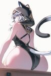  1girl ai-generated alternate_costume animal_ear_fluff animal_ears arm_support ass back bare_arms bare_shoulders blue_eyes blush boots breasts cat_ears cat_girl cat_tail cipher_(honkai:_star_rail) closed_mouth detached_collar from_below grey_hair hair_between_eyes honkai:_star_rail honkai_(series) hood hood_up leotard light_blush looking_at_viewer looking_back medium_hair simple_background sitting smile solo tail thigh_boots timmytommy white_background yellow_boots 