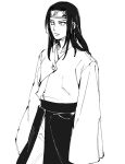  1boy commentary_request cowboy_shot expressionless forehead_protector greyscale gyogyo_hjj highres hyuuga_neji konohagakure_symbol korean_commentary light_frown long_hair male_focus monochrome naruto_(series) naruto_shippuuden sleeves_past_fingers sleeves_past_wrists solo 