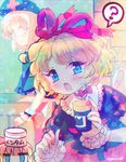  ? alternate_costume amo apron bangs black_shirt blonde_hair blue_dress blue_eyes blurry blurry_background blush bottle cat_food choker chromatic_aberration colored_eyelashes dress frilled_shirt_collar frills gradient_hair hair_ribbon hat highres indoors jitome light_smile long_hair looking_at_another looking_at_viewer looking_back medicine_melancholy multicolored multicolored_clothes multicolored_dress multicolored_hair multiple_girls no_pupils nurse_cap open_mouth red_dress red_skirt ribbon ribbon-trimmed_clothes ribbon_choker ribbon_trim shirt short_hair short_sleeves silver_hair sketch skirt spoken_question_mark su-san tile_wall tiles touhou waist_apron wrist_cuffs yagokoro_eirin 